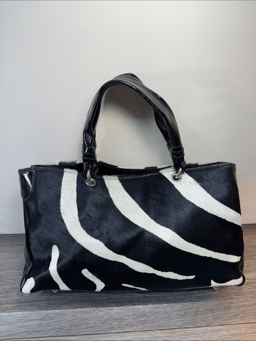 Zebra-Pattern Faux Pony Hair Top-Handle Tote - Black & White genuine leather